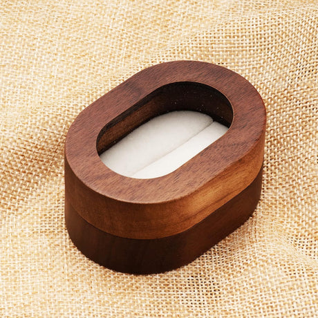 2pcs Oval Small Walnut Wooden Ring Box for 2 Rings, Ring Holder for Engagement Wedding Ceremony Marriage Birthday (white open window)