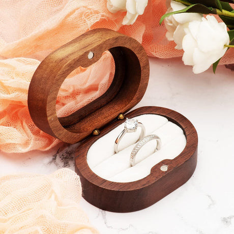 2pcs Oval Small Walnut Wooden Ring Box for 2 Rings, Ring Holder for Engagement Wedding Ceremony Marriage Birthday (white open window)
