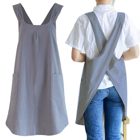 Drawing apron, female art student, artistic floral apron, coffee shop bookstore work uniform Linen Cotton Cross Back Pinafore Apron（grey）