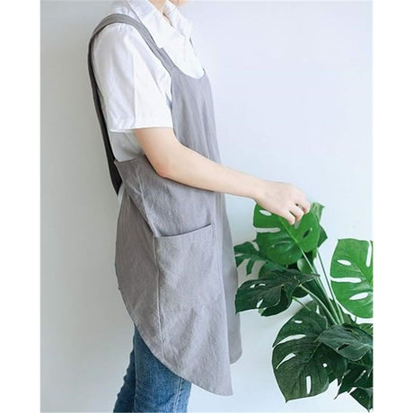 Drawing apron, female art student, artistic floral apron, coffee shop bookstore work uniform Linen Cotton Cross Back Pinafore Apron（grey）