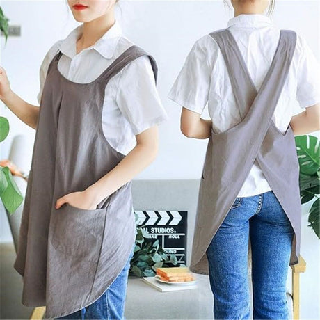 Drawing apron, female art student, artistic floral apron, coffee shop bookstore work uniform Linen Cotton Cross Back Pinafore Apron（grey）
