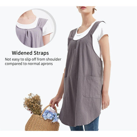Drawing apron, female art student, artistic floral apron, coffee shop bookstore work uniform Linen Cotton Cross Back Pinafore Apron（grey）