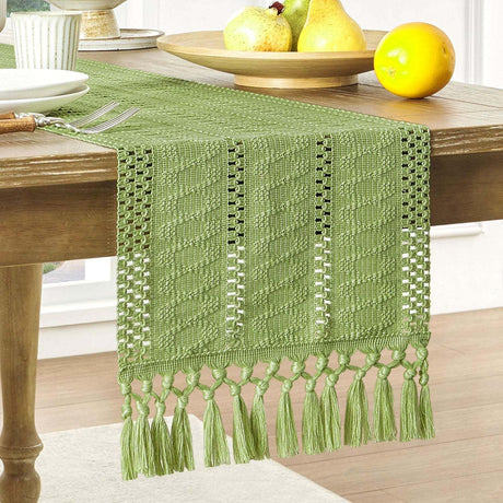 Cotton and linen table flag knotted tassel, Green Table Runners , Farmhouse Woven Home Decor, 30*140cm, Green