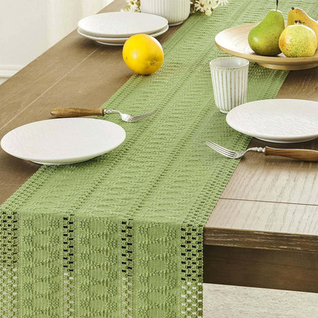 Cotton and linen table flag knotted tassel, Green Table Runners , Farmhouse Woven Home Decor, 30*140cm, Green