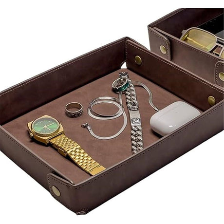 PU Leather Valet Tray Nightstand Desk Organizer for Men Women Home Office Phone Watch Jewelry Glasses Keys Coins Storage（Light brown large size）