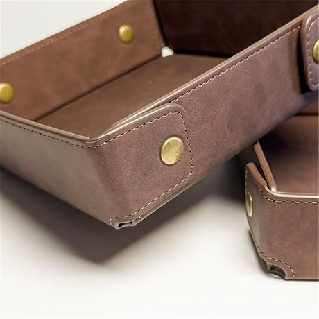 PU Leather Valet Tray Nightstand Desk Organizer for Men Women Home Office Phone Watch Jewelry Glasses Keys Coins Storage（Light brown large size）