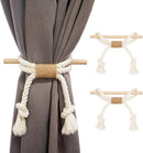 Curtain Tiebacks Rustic Holdbacks for Drapes, Farmhouse Tie Backs for Curtains, Cotton Jute Rope with Wood Club, Natural Boho Decor Shabby Chic Drapery Holder, -2Pack