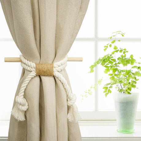 Curtain Tiebacks Rustic Holdbacks for Drapes, Farmhouse Tie Backs for Curtains, Cotton Jute Rope with Wood Club, Natural Boho Decor Shabby Chic Drapery Holder, -2Pack