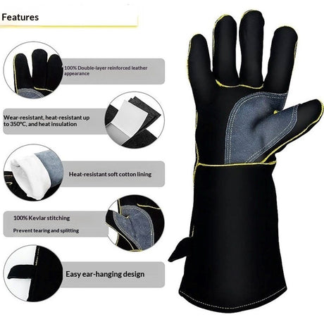 Fireproof Gloves Heat & Fire Resistant Leather Welding Gloves Non Slip Mitts for Fireplace, Stove, Oven, Grill, Welding, BBQ, Pot Holder, Animal Handling（14in）