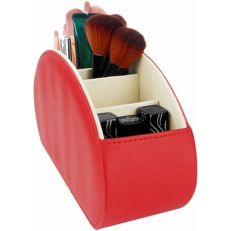 Remote Control Holders Organizer Box with 5 Compartment PU Leather Multi-functional Office Desk Storage Caddy Store Tv Remote for Media Player,Brush,Pencil,Glassees&Office Supplies (Red)
