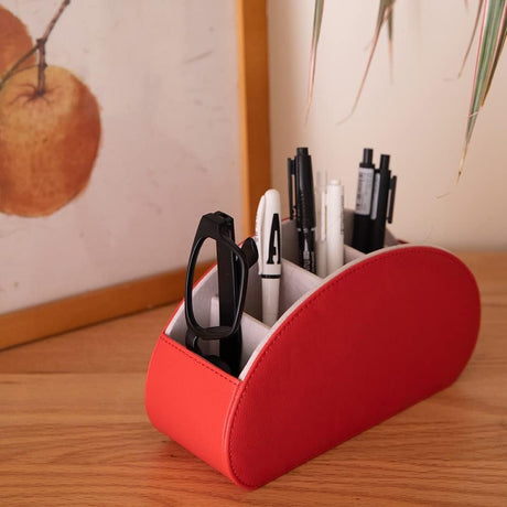 Remote Control Holders Organizer Box with 5 Compartment PU Leather Multi-functional Office Desk Storage Caddy Store Tv Remote for Media Player,Brush,Pencil,Glassees&Office Supplies (Red)