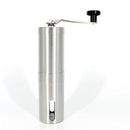 Mini manual coffee grinder with brush, portable stainless steel design, ideal for camping (silver 18cm)