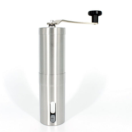 Mini manual coffee grinder with brush, portable stainless steel design, ideal for camping (silver 18cm)