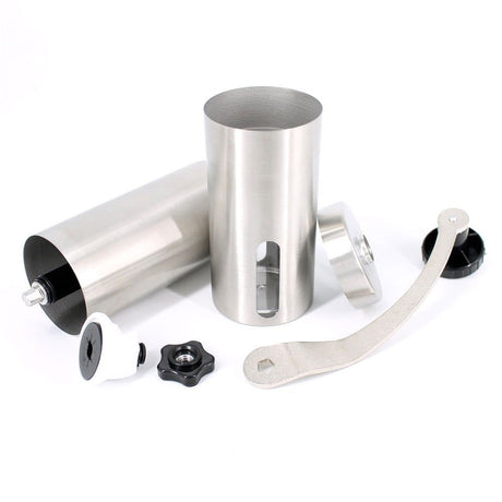 Mini manual coffee grinder with brush, portable stainless steel design, ideal for camping (silver 18cm)