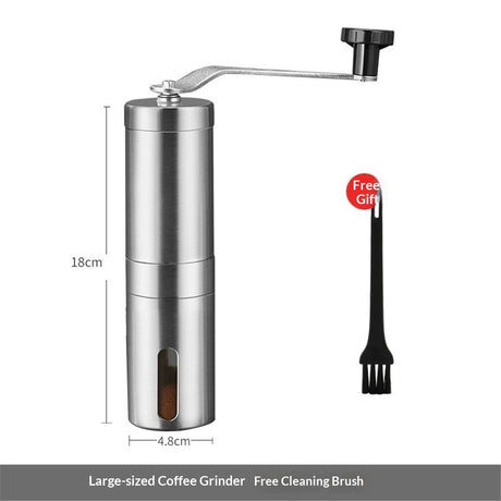 Mini manual coffee grinder with brush, portable stainless steel design, ideal for camping (silver 18cm)