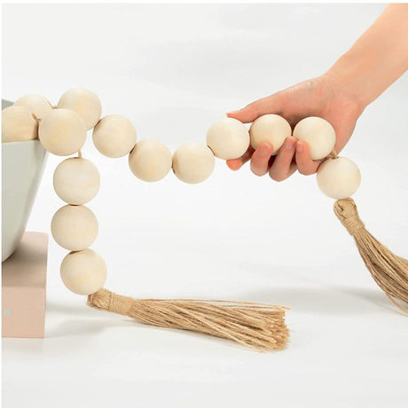 Wooden Beads and Tassels,Long Rustic Farmhouse Country Decorative Beads for Home Tiered Tray Decor, Natural Beige（Round bead 98cm）