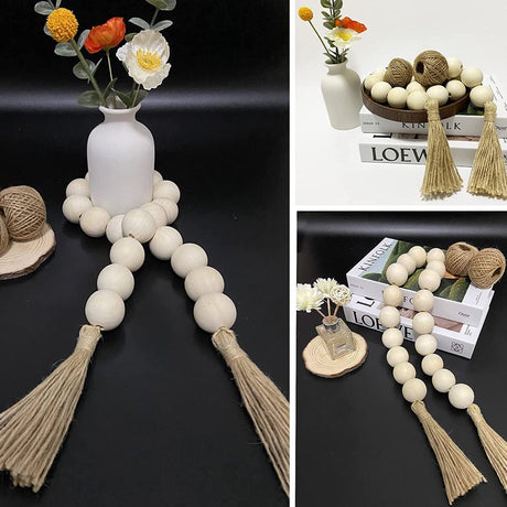 Wooden Beads and Tassels,Long Rustic Farmhouse Country Decorative Beads for Home Tiered Tray Decor, Natural Beige（Round bead 98cm）