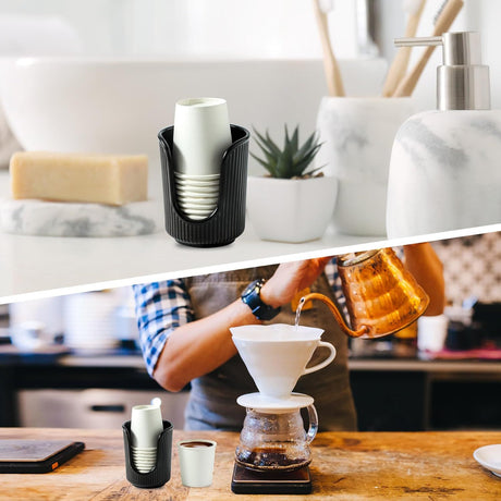 Bathroom Cup Dispenser with Stylish Vertical Stripes - Disposable Mouthwash Cup Holder Holds Paper Cups for Rinsing Cups on Bathroom Vanity Countertops (Black 2 Pack)