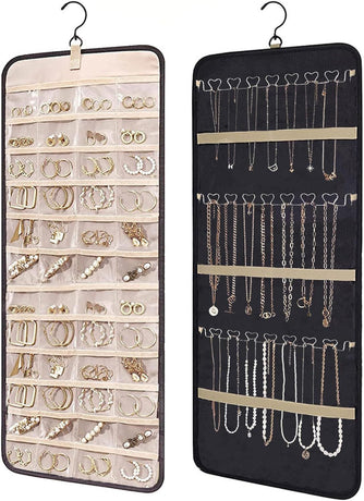 Hanging Jewelry Organizer- Dual-Sided Hanging Jewelry Organizers and Storage for Necklaces, Earrings Holder on Closet, Wall, Door, Christmas Gifts for Women,Black  L