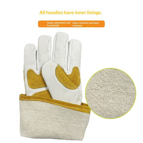Sheepskin labor protection argon arc welding gloves, heat-insulating and heat-resistant welding gloves, high temperature resistant welding gloves, gloves used on construction sites（White+Yellow M）