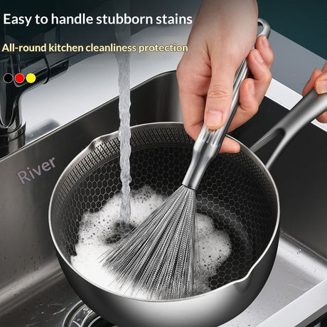 304 stainless steel pot brush, household long handle cleaning and stain removal brush, nano steel wire brush, kitchen pot washing brush