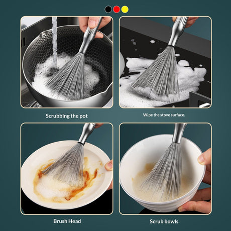 304 stainless steel pot brush, household long handle cleaning and stain removal brush, nano steel wire brush, kitchen pot washing brush