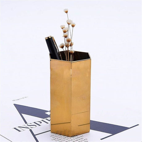 Pen Holder, Gold Pen Holder Sixsided Vase Hexagonal Nordic Stainless Steel Metal Golden Container Stainless Alloy Ornaments Make Up Organizer Gold Pencil Holders