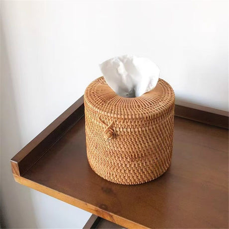 Vine woven circular paper tube tissue box, Chinese style paper box, hand woven living room tissue box