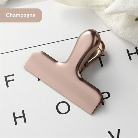 2pcs Food Sealing Clips Snack Bag Sealer for Chips Bread and Grains Fresh-Keeping Stainless Steel Large Bull Clips Clamps for Drawing Board, Home Kitchen Office (Champagne)