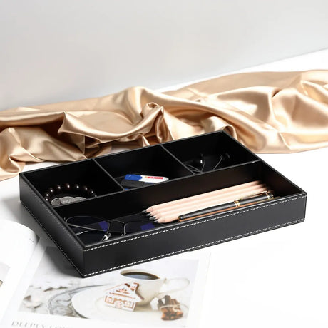 Desktop Glove Box, Nightstand or Dresser Organizer, Entry Table Organizer, Dresser Storage Box, Leather Drawer Storage Decorative Trays. (Black)