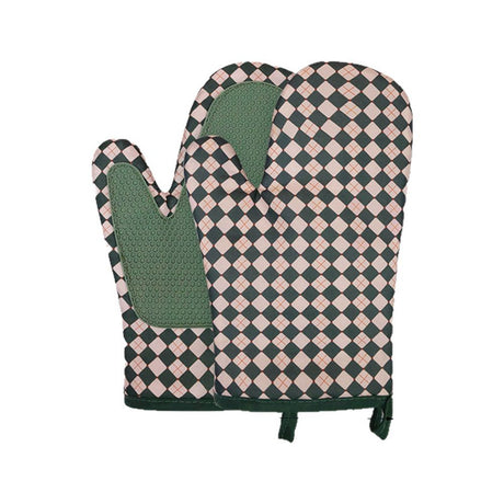 Green Checkered Oven Mitts Heat Resistant, Vintage Retro Checkerboard Cute Oven Mitts, Non-Slip Silicone Kitchen Oven Gloves 1 Pair