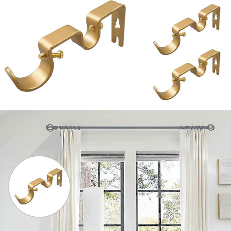 3PCS Gold Curtain Rod Bracket, Heavy Duty Double Curtain Rod Hanging Brackets Wall Mount, Drapery Rod Bracket, Adjustable Curtain Rod Holders for Window, Home Curtain Rods (Golden)