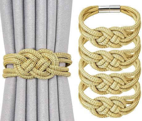 4-piece set of powerful magnetic curtain straps upgraded The curtain straps are woven with knots to decorate the curtain buckle, suitable for home and office curtains (gold)