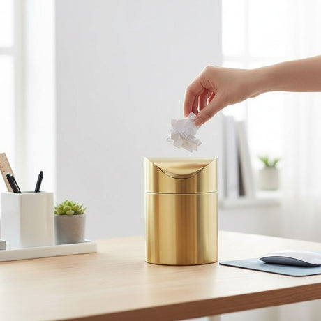 Stainless Steel Trash Can with Swing Lid, Mini Countertop Trash Bin Bathroom, Golden Desktop Garbage Cans Tiny Kitchen Waste Bins with Trash Bag