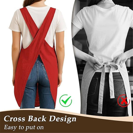 Soft   Polyester  Apron Cross Back Aprons with 2 Pockets Women’s  Square Apron Garden Smock for Baking Cooking Red