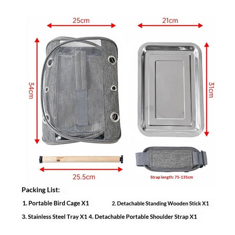 Bird Travel Carrier with Stand Perch and Stainless Tray,Portable Small Bird  Cockatiel Carrier for Hiking, (Grey)