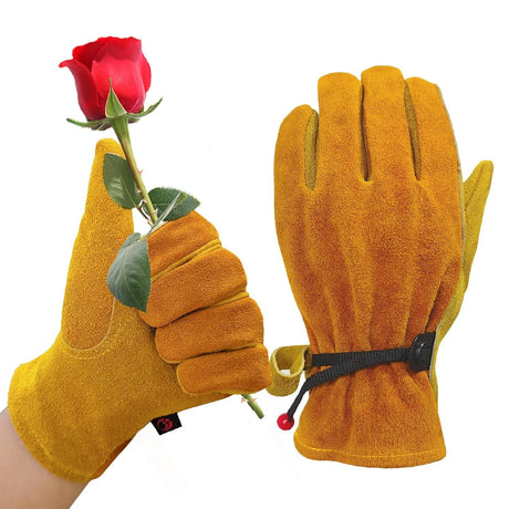 Leather Work Gloves for Men Women with Cotton Lining, Large Thorn Proof Cactus Gardening Yard Work Gloves for Rose Pruning, Heavy Duty  Welding, Construction, Large（Yellow M）
