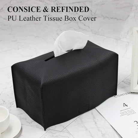 Tissue Box Cover,Modern PU Leather Rectangular Tissue Box Holder - Decorative Holder/Organizer for Bathroom Vanity Countertop, Night Stands, Office Desk -  rectangular black