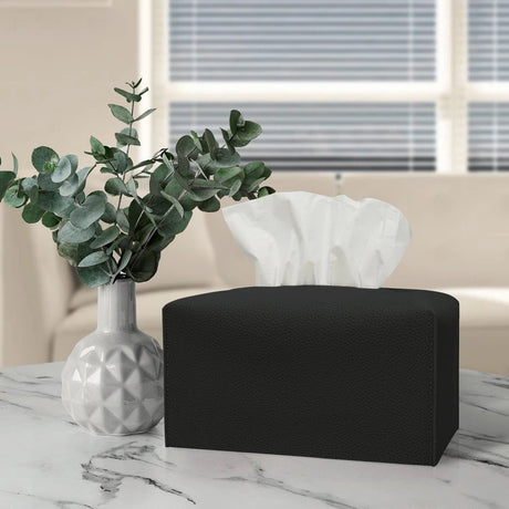 Tissue Box Cover,Modern PU Leather Rectangular Tissue Box Holder - Decorative Holder/Organizer for Bathroom Vanity Countertop, Night Stands, Office Desk -  rectangular black