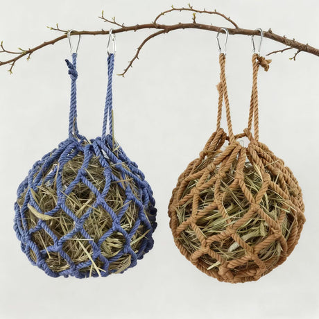 2 Pcs Rabbit Hay Feeder Mesh Bags, 2 Metal Hooks Hanging Hay Mesh Bags, Guinea Pig Hay Bags, High-Capacity Bunny Hay Bag for Rabbits, Chinchillas, Hamsters, （Coffee color+dark blue）