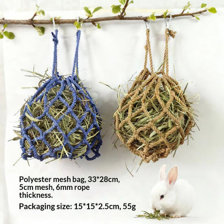 2 Pcs Rabbit Hay Feeder Mesh Bags, 2 Metal Hooks Hanging Hay Mesh Bags, Guinea Pig Hay Bags, High-Capacity Bunny Hay Bag for Rabbits, Chinchillas, Hamsters, （Coffee color+dark blue）