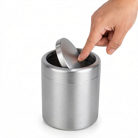 Covered trash cans, brushed stainless steel trash cans, cylindrical trash cans, bathroom, living room, office, kitchen trash cans (silver)