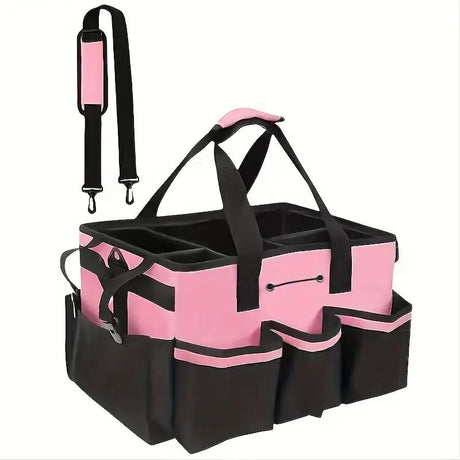 Cleaning storage bag with handle, shoulder strap storage, cleaning tool storage, cleaner and butler tote bag (pink)