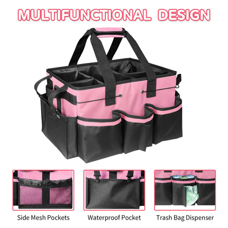 Cleaning storage bag with handle, shoulder strap storage, cleaning tool storage, cleaner and butler tote bag (pink)