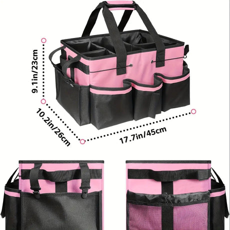 Cleaning storage bag with handle, shoulder strap storage, cleaning tool storage, cleaner and butler tote bag (pink)