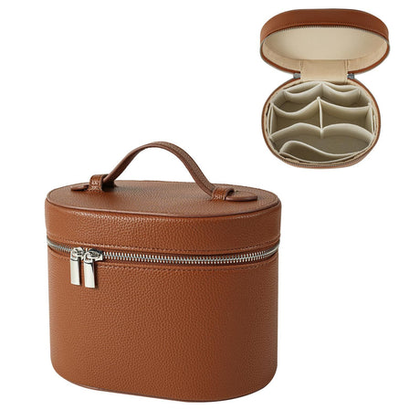 Makeup Bag Vanity Case with Divider and Handle, Aesthetic Makeup Bags, Waterproof PU Leather Toiletry Bag for Women Girls, Portable Cosmetic Organizer Bag (Brown)