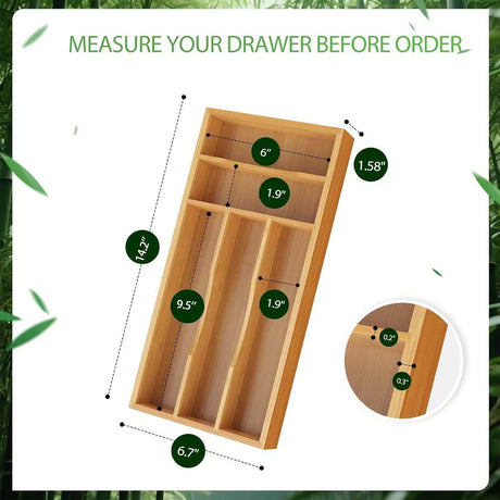Bamboo Kitchen Drawer Silverware Organizer, Silverware Utensils Tray Holder for Small Drawer, Wood Caddy for Flatware Cutlery Knives 5-Slots