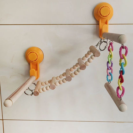 Wood Window Bird Perch Toy with Suction Cup, Climbing Ramp Ladder Platform, Enrichment Accessories Stuff for Parrot, Parakeet, Budgie, Cockatiel
