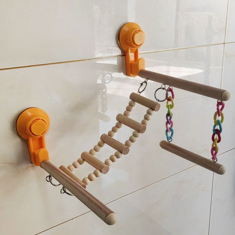 Wood Window Bird Perch Toy with Suction Cup, Climbing Ramp Ladder Platform, Enrichment Accessories Stuff for Parrot, Parakeet, Budgie, Cockatiel