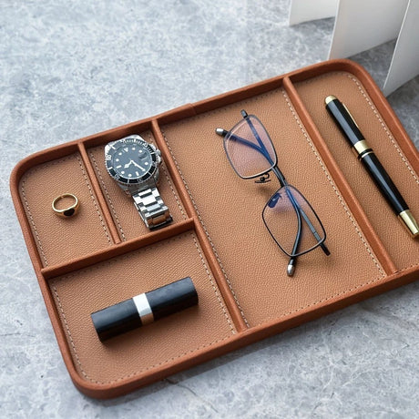 Leather Tray, Stylish and Organized Multifunctional Tray, for Table Entryway, Premium PU Leather, Tray for Keys, Watch, Wallet, Jewelry, and More (Brown )
